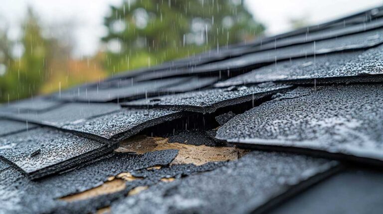 Close view of curled and cracked asphalt shingles on a sloped residential roof.